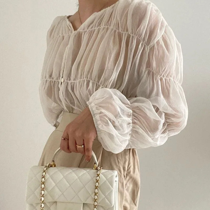 Pleated Chiffon V-neck Blouse