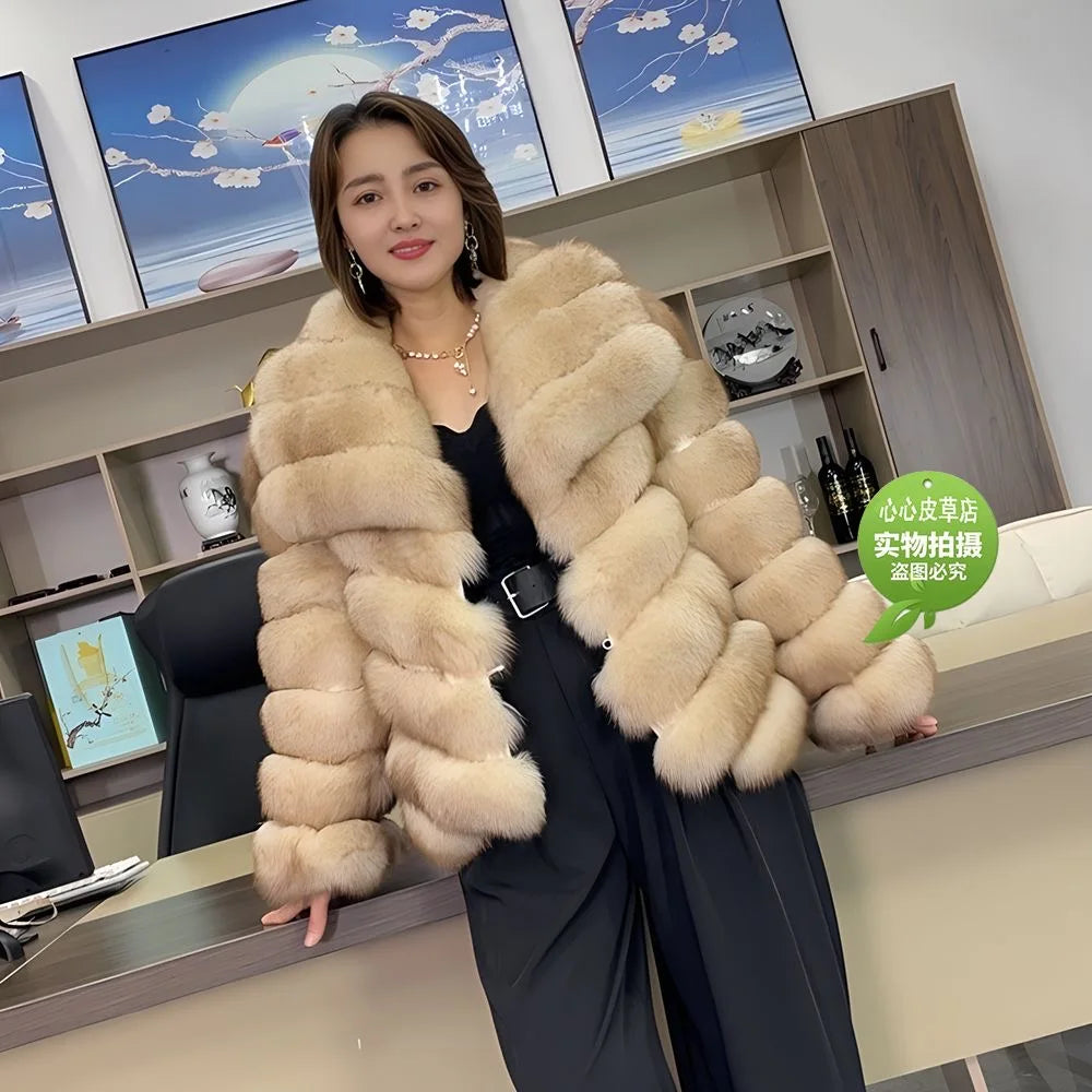 QUEENTINA Real Fox Fur Coat With Collar Overcoat