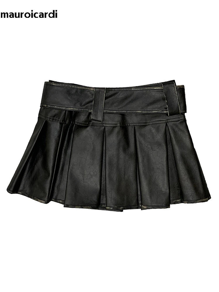 Lautaro  Distressed Brown Pu Leather Mini Pleated Skirt