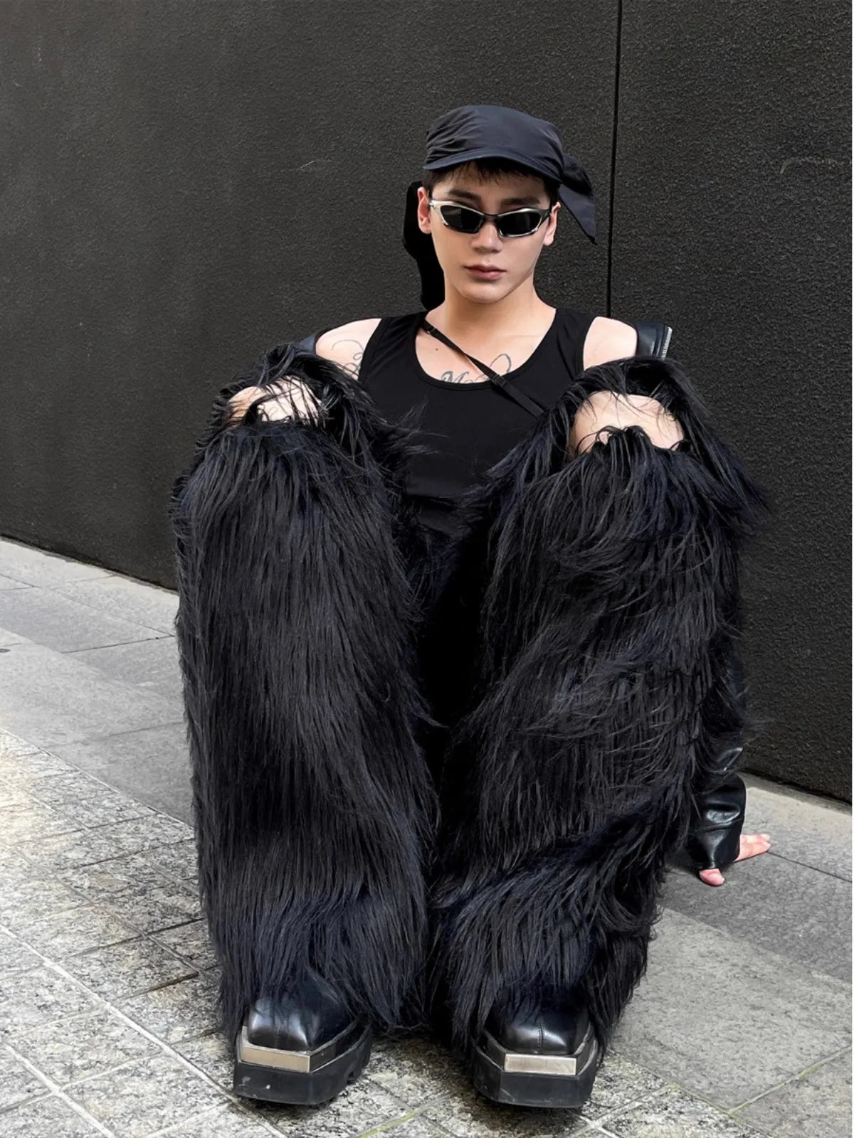 Mauroicardi Long Black  Shaggy Faux Fur Wide Leg Pants