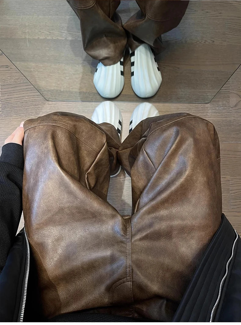 Mauroicardi Long Retro Distressed Pu Leather Wide Leg Pants