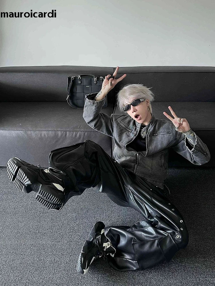 Mauroicardi Casual Black Shiny Pu Leather Pants