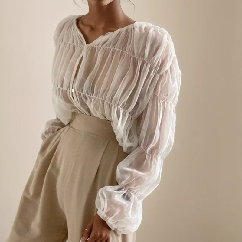 Pleated Chiffon V-neck Blouse