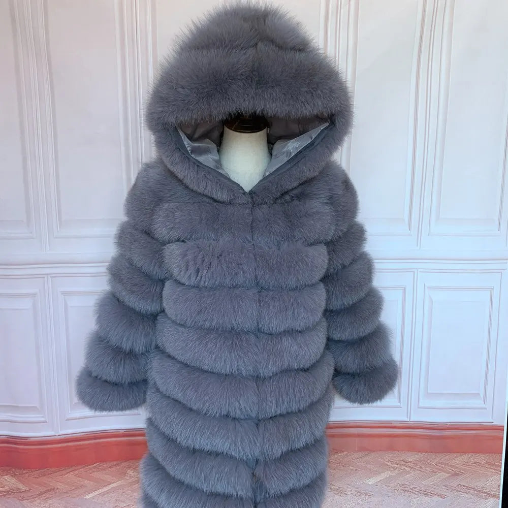 QUEENTINA Hood Fur Coat Thigh Length