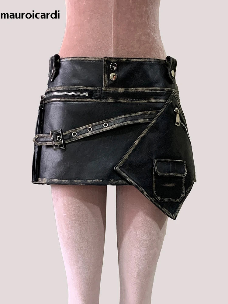 Mauroicardi Distressed Black Pu Leather Mini Asymmetrical Skirt