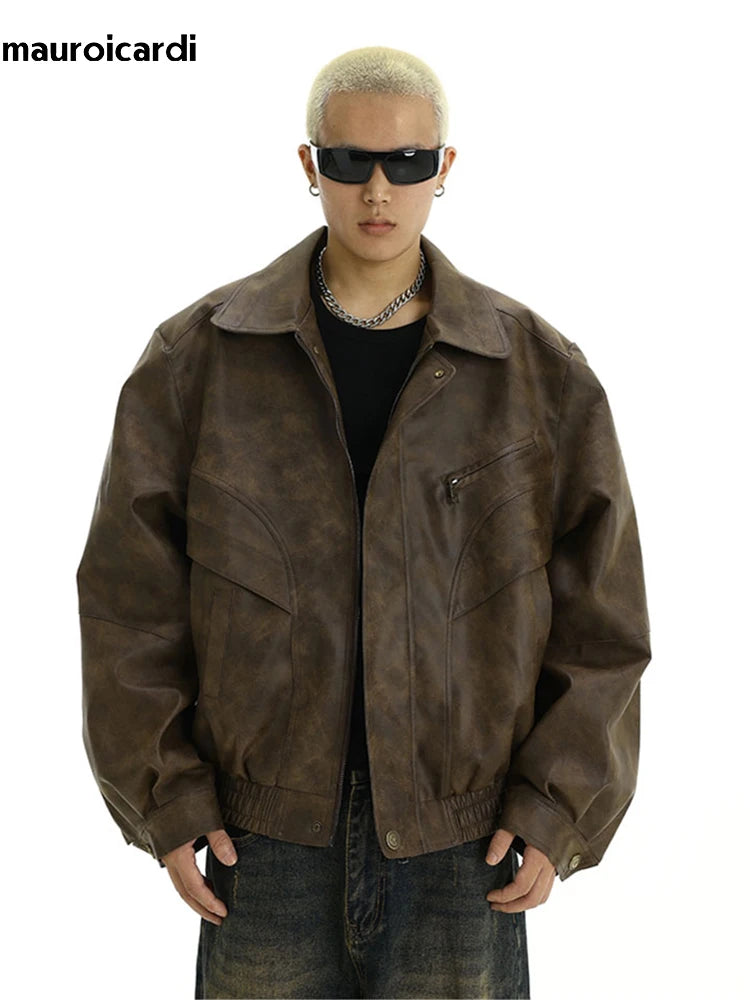Mauroicardi Spring Cool Distressed Brown Pu Leather jacket