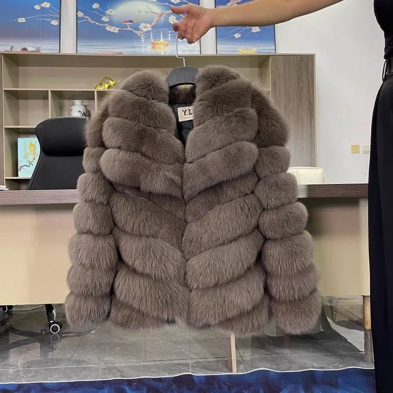 QUEENTINA Real Fox Fur Coat With Collar Overcoat