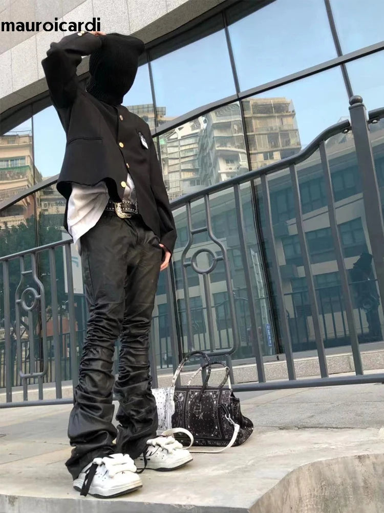 Mauroicardi Long Fitted Skinny Matte Black Pu Leather Ruched Stacked Pants