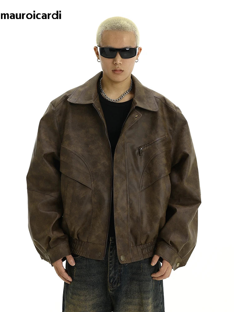 Mauroicardi Spring Cool Distressed Brown Pu Leather jacket
