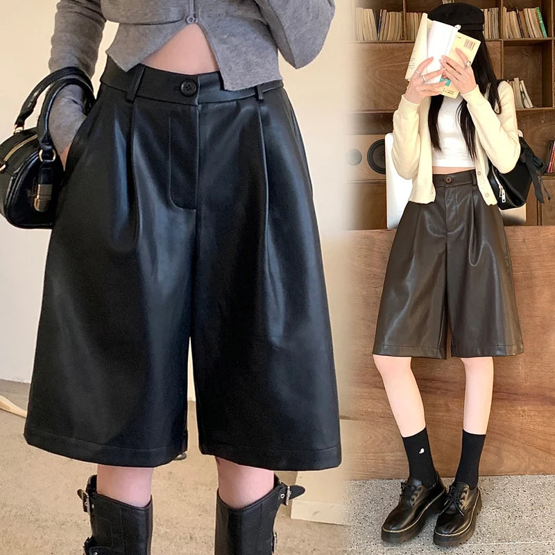 Vintage Black PU Leather Wide Leg Half Pants