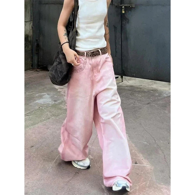 Pink Straight Baggy Stacked Jeans