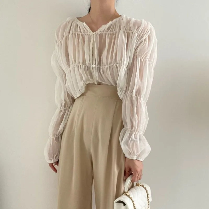 Pleated Chiffon V-neck Blouse