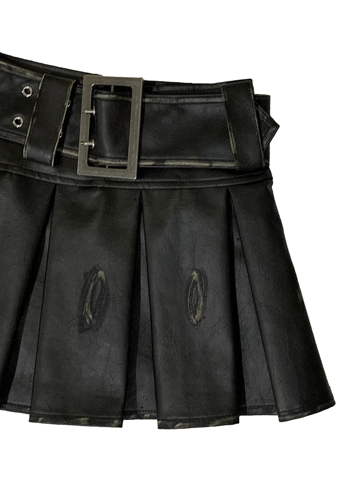 Lautaro  Distressed Brown Pu Leather Mini Pleated Skirt