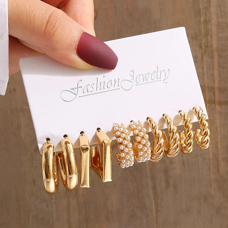 Gold Color Vintage Geometry Pearl Earrings Set