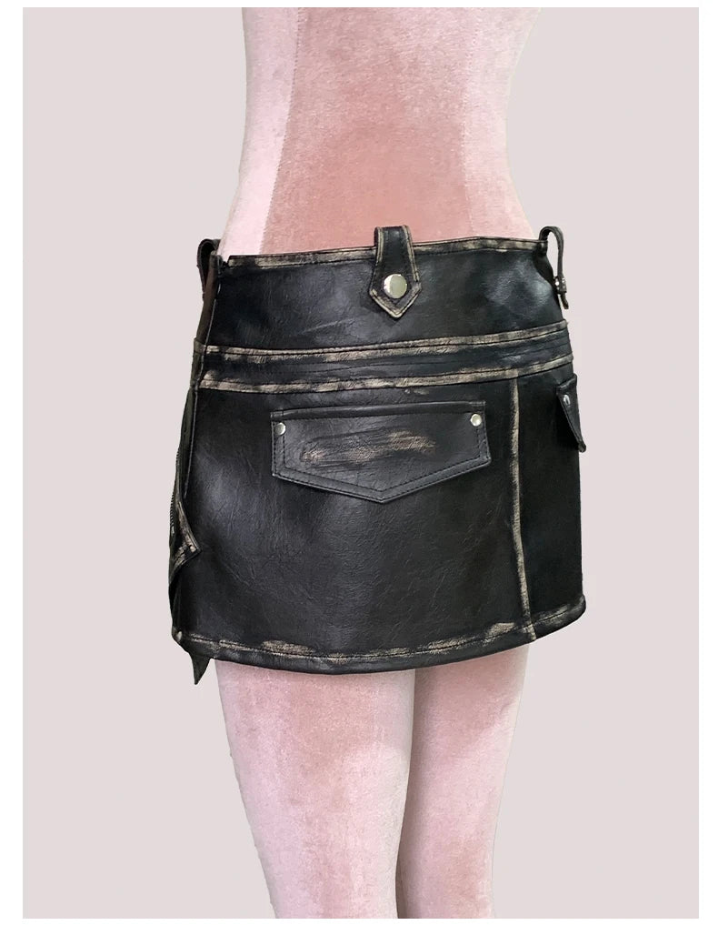 Mauroicardi Distressed Black Pu Leather Mini Asymmetrical Skirt