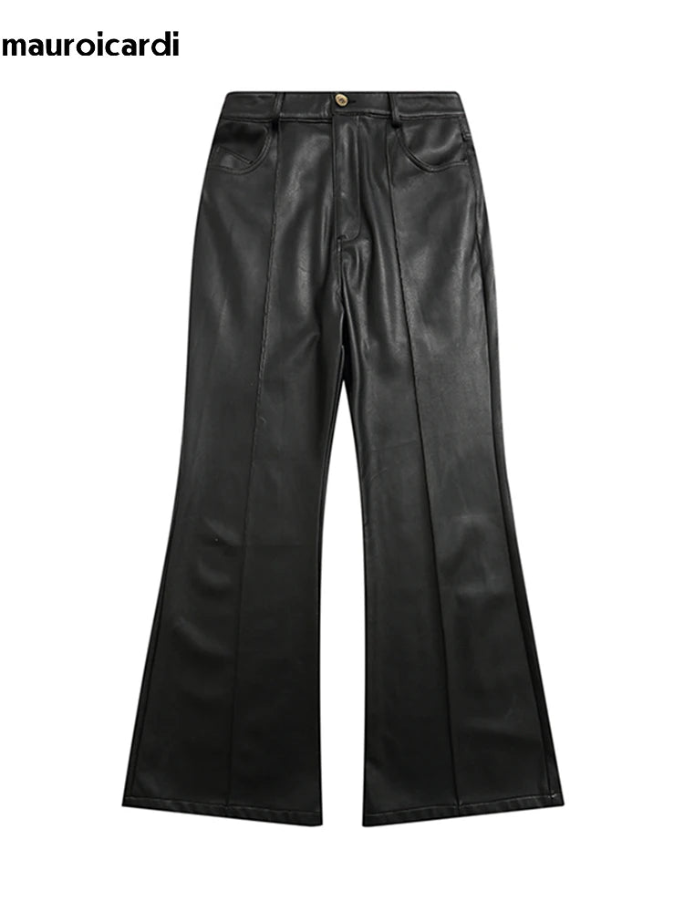 Mauroicardi Long Black Soft Pu Leather Flare Pants