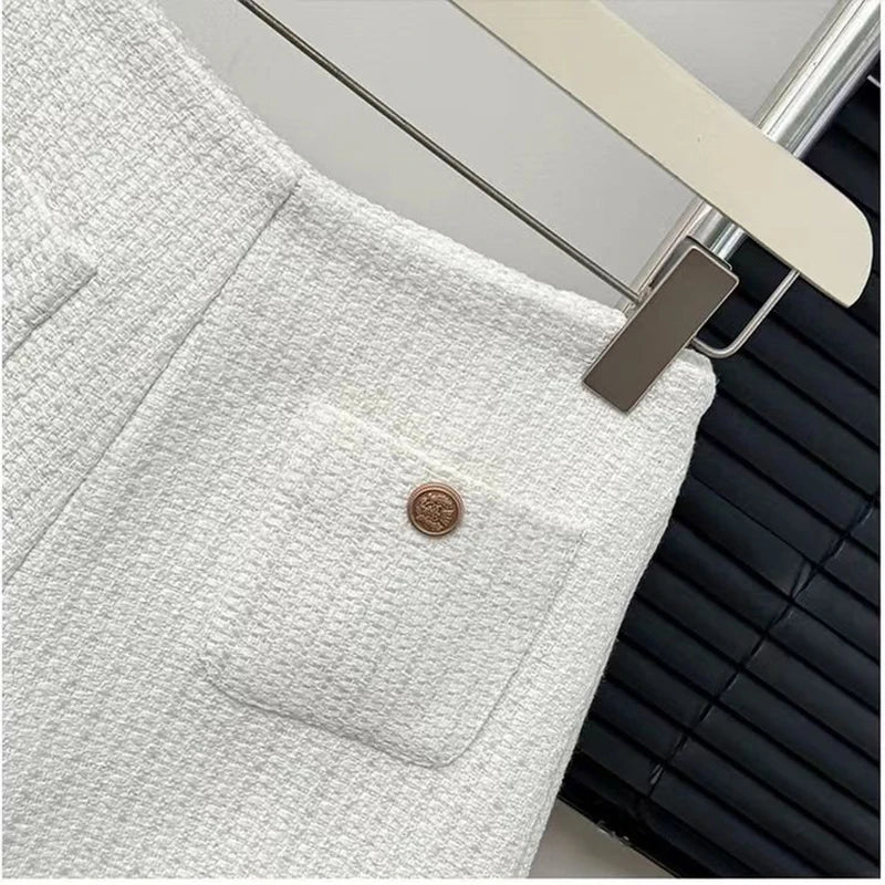 High Waisted White Chic Tweed Woolen Shorts