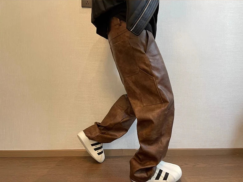 Mauroicardi Long Retro Distressed Pu Leather Wide Leg Pants