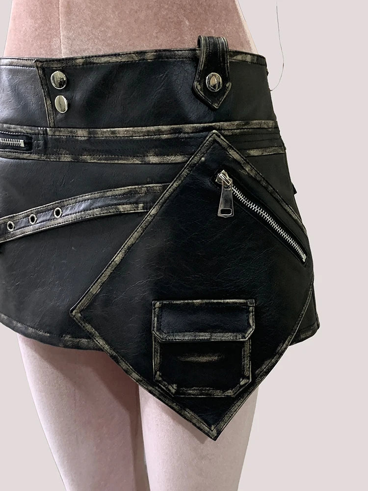 Mauroicardi Distressed Black Pu Leather Mini Asymmetrical Skirt