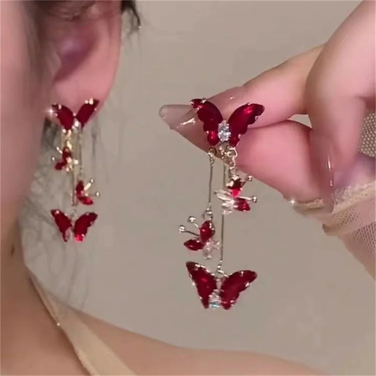 Delicate Red Zircon Butterfly Tassel Drop Earrings