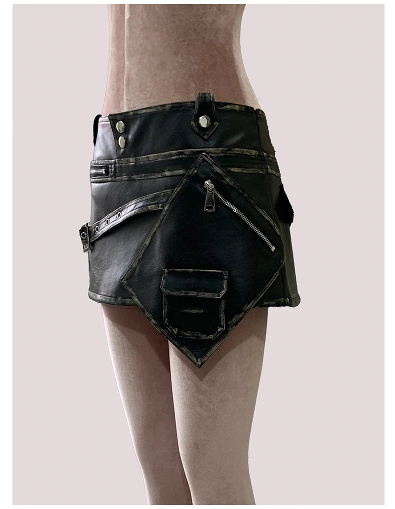 Mauroicardi Distressed Black Pu Leather Mini Asymmetrical Skirt