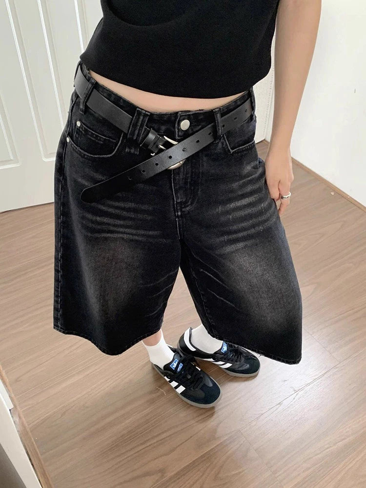 High Waist Black Retro Washed Denim Jorts