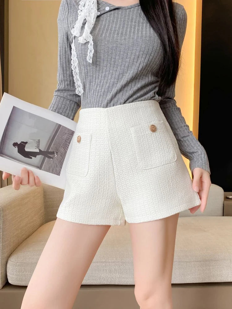High Waisted White Chic Tweed Woolen Shorts