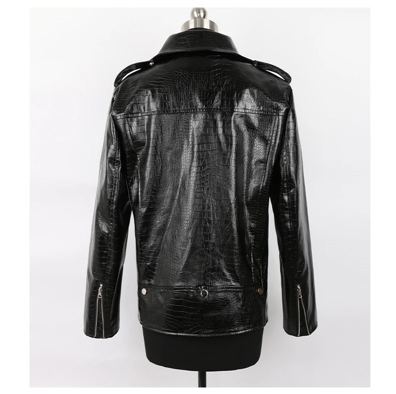 Mauroicardi Spring Red Crocodile Faux Leather Biker Jacket