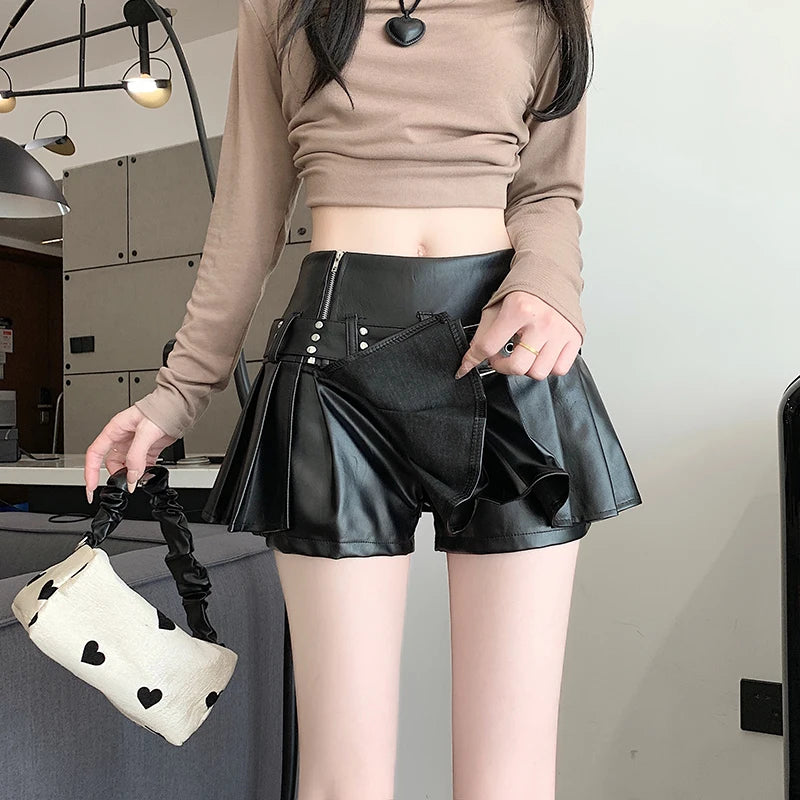 Black A-line Pleated Leather Skirt