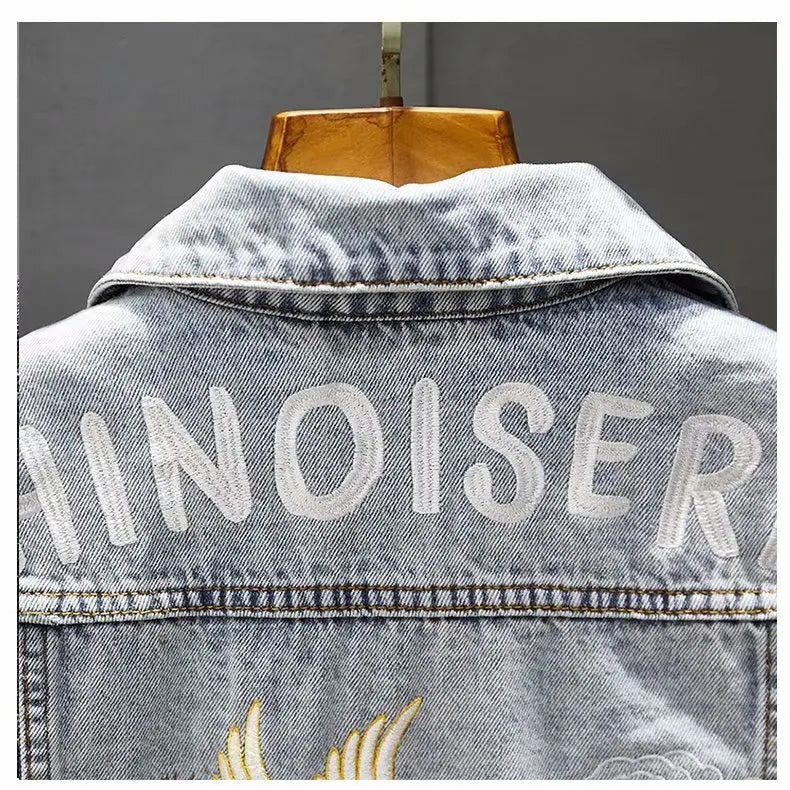 Embroidered Turn Collar Denim Jacket