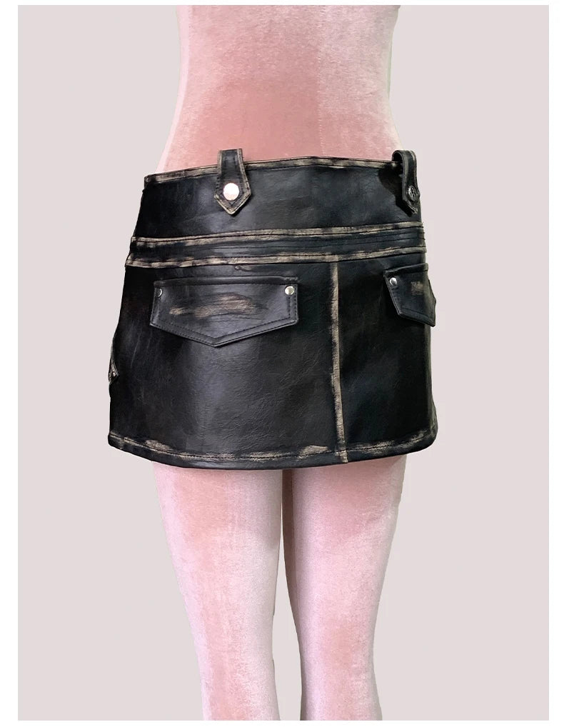 Mauroicardi Distressed Black Pu Leather Mini Asymmetrical Skirt