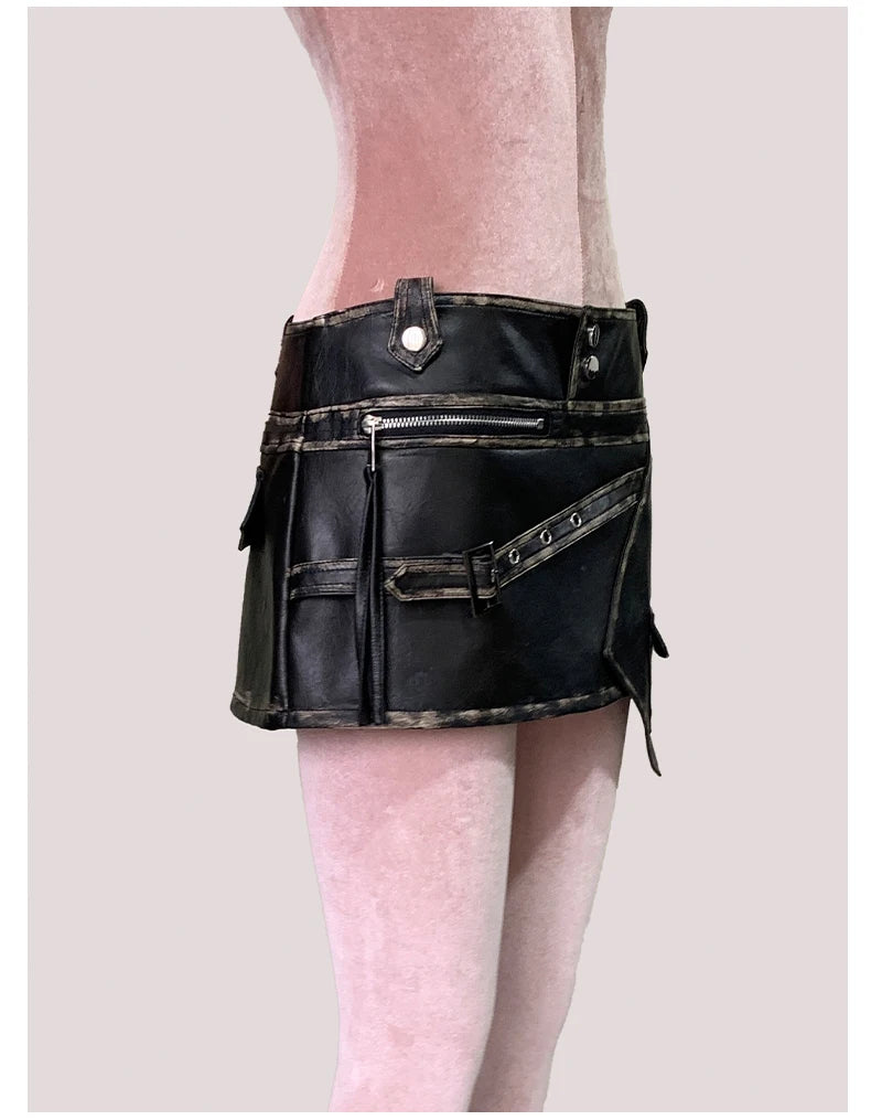 Mauroicardi Distressed Black Pu Leather Mini Asymmetrical Skirt