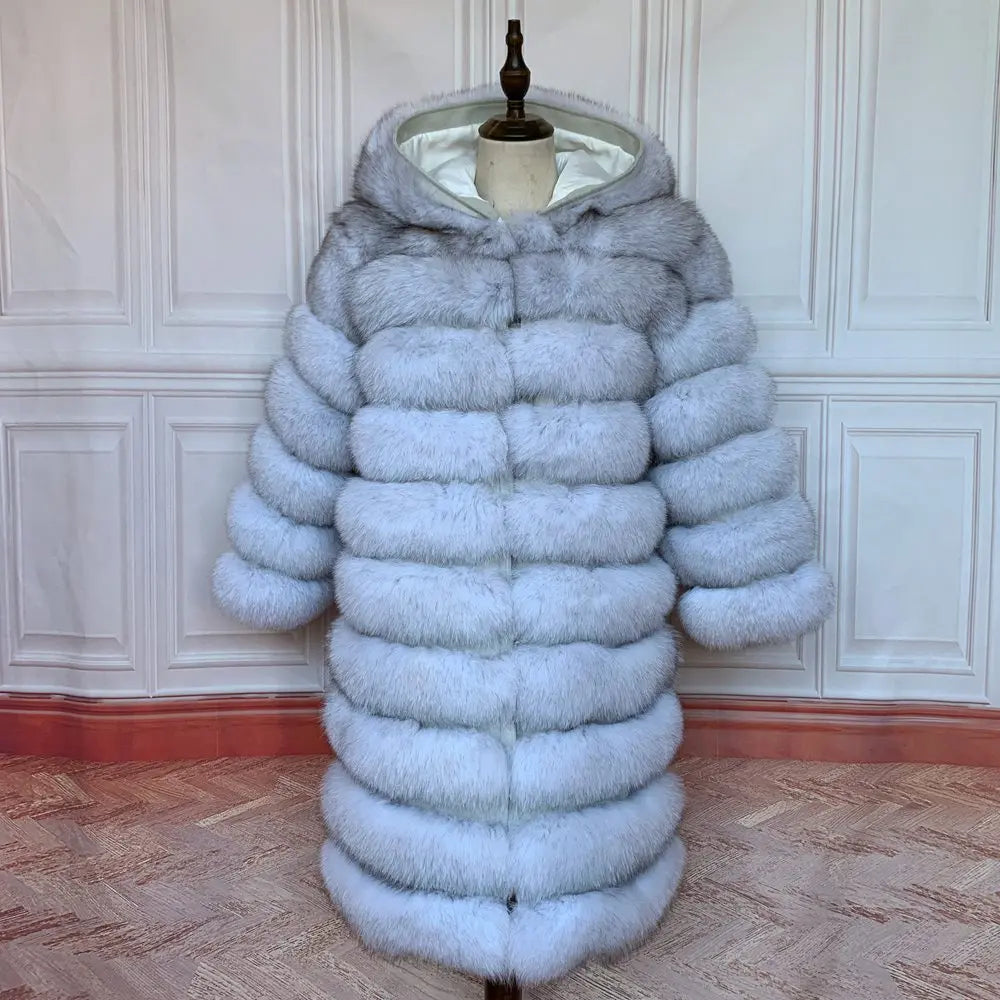 QUEENTINA Hood Fur Coat Thigh Length