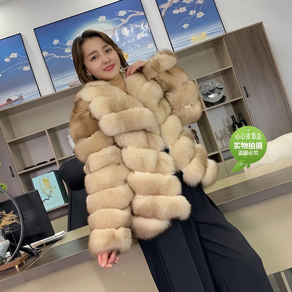 QUEENTINA Real Fox Fur Coat With Collar Overcoat