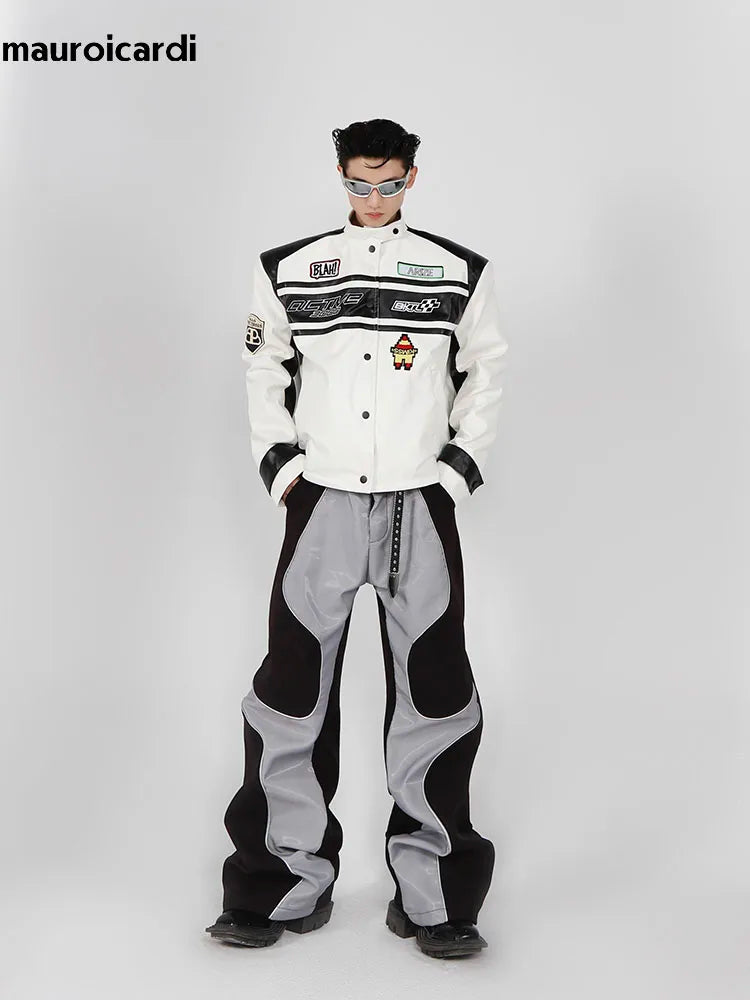 Mauroicardi Long Loose Casual Patchwork Pu Leather Pants