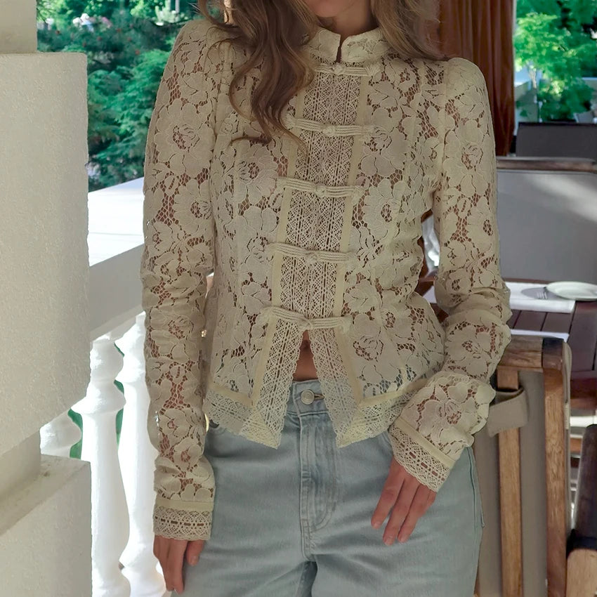 Linad Elegant Lace Embroidery Puff Sleeve White Shirt