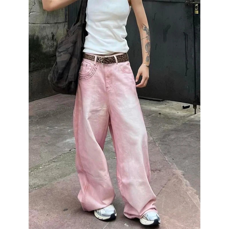 Pink Straight Baggy Stacked Jeans