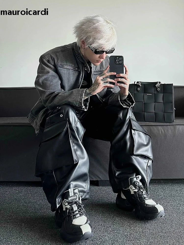 Mauroicardi Casual Black Shiny Pu Leather Pants