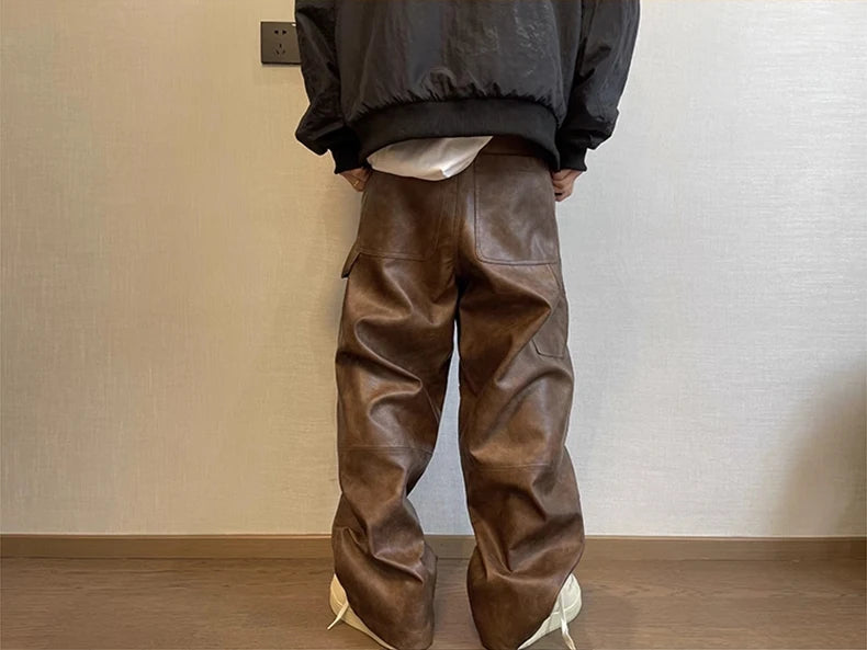 Mauroicardi Long Retro Distressed Pu Leather Wide Leg Pants