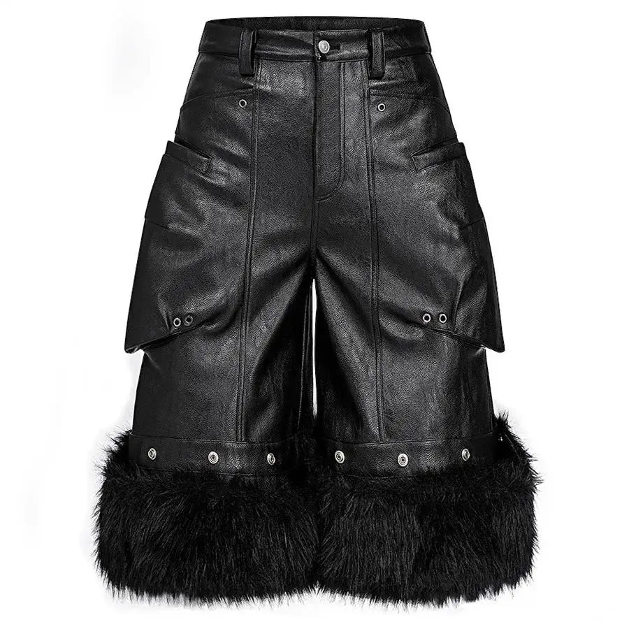 Mauroicardi Black Faux Fur Patchwork Pu Leather Short