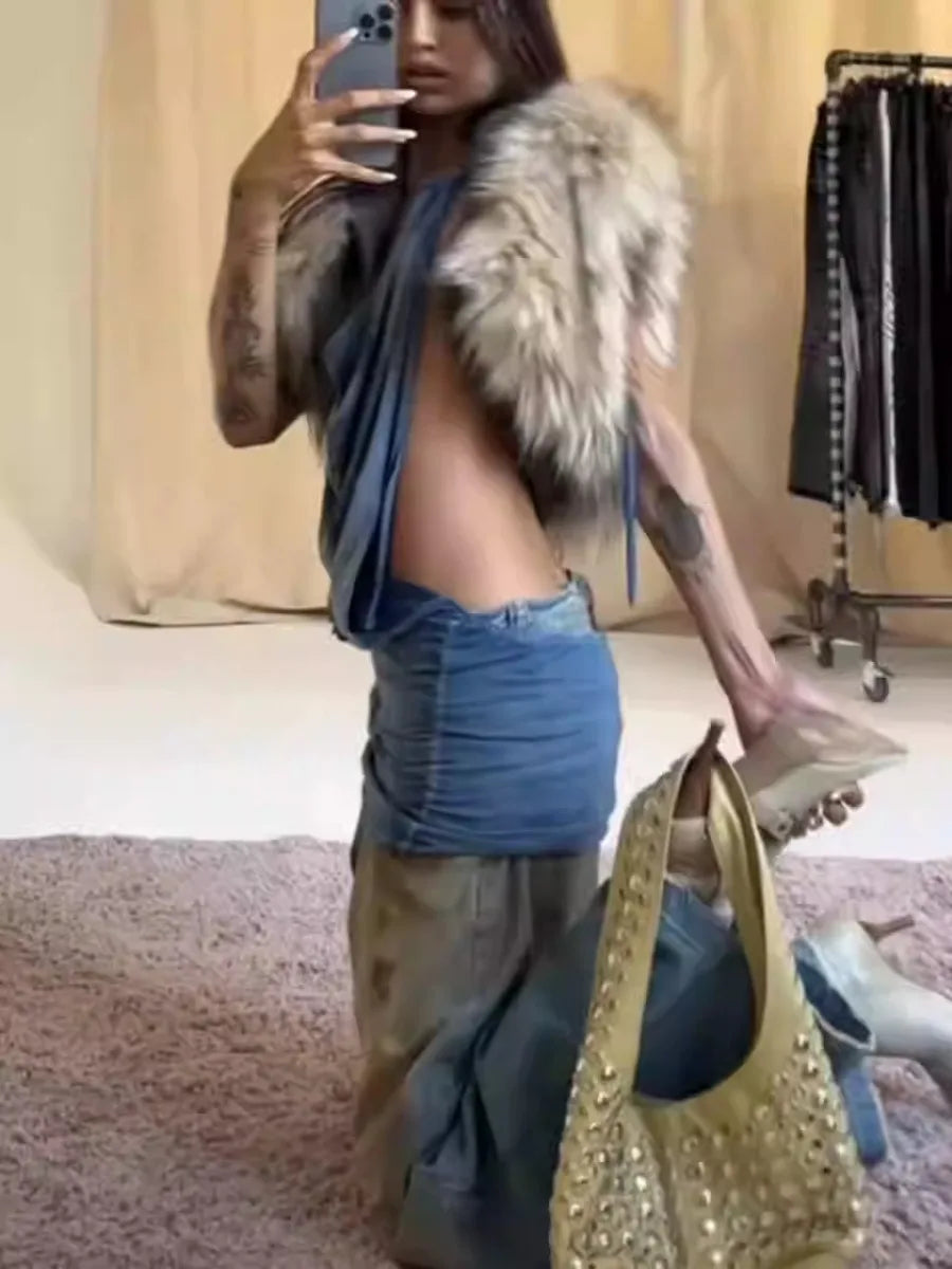 TWOTWINSTYLE V Neck Sleeveless Patchwork Fur Top