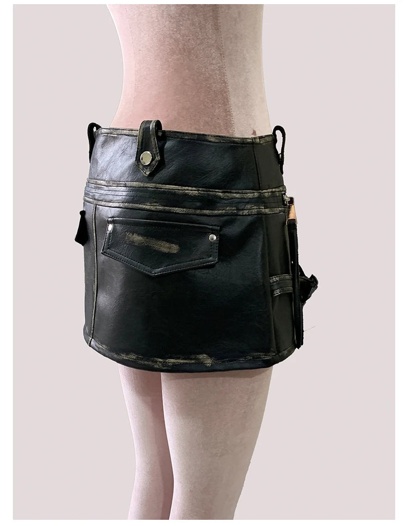Mauroicardi Distressed Black Pu Leather Mini Asymmetrical Skirt