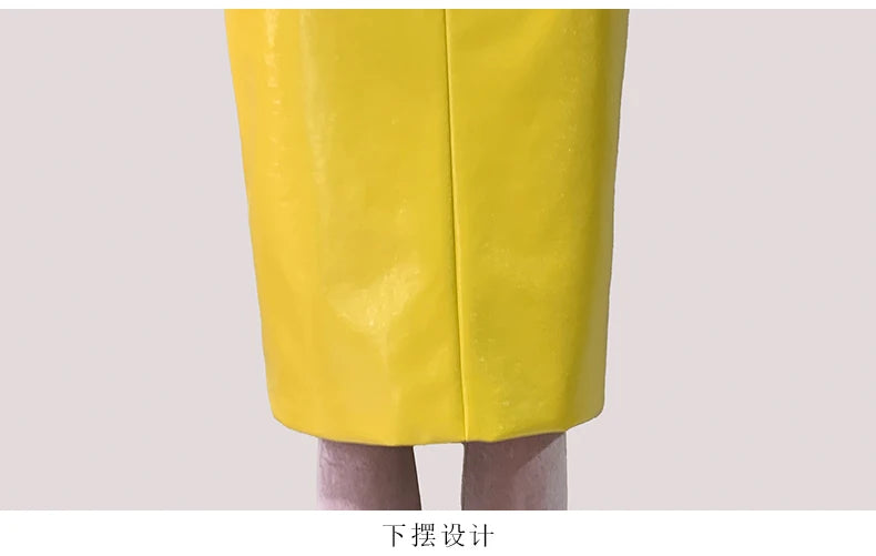 Mauroic  Shiny Reflective Bright Yellow Faux Leather Pencil Skirt