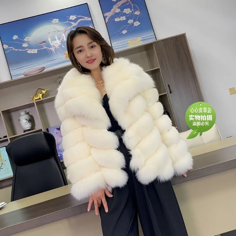 QUEENTINA Real Fox Fur Coat With Collar Overcoat