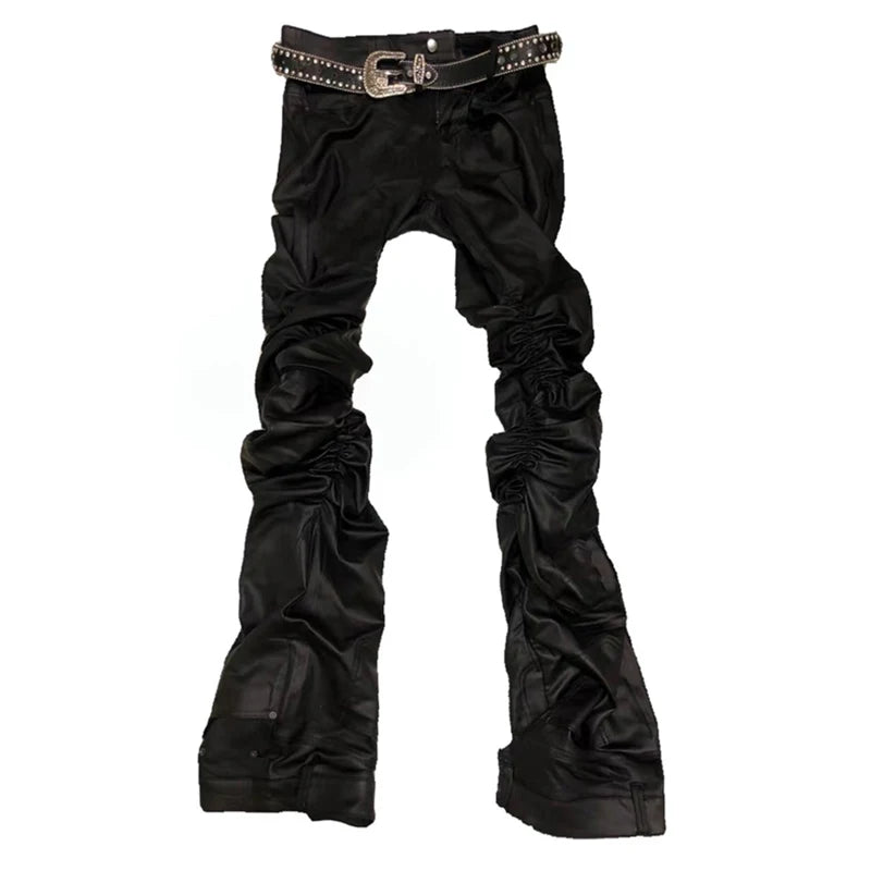 Mauroicardi Long Fitted Skinny Matte Black Pu Leather Ruched Stacked Pants