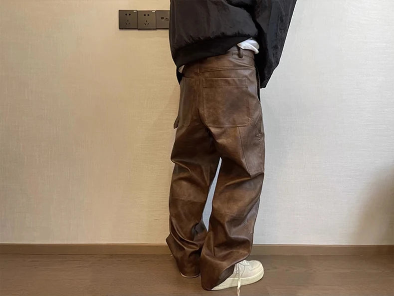 Mauroicardi Long Retro Distressed Pu Leather Wide Leg Pants