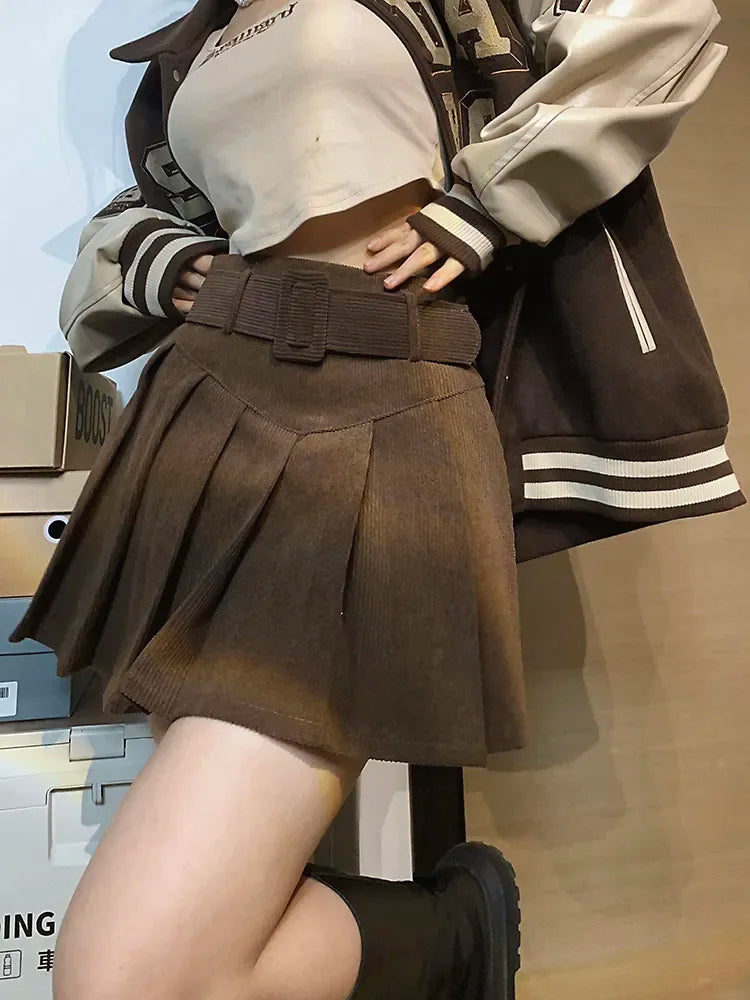 Cord Belted Pleated Skirt