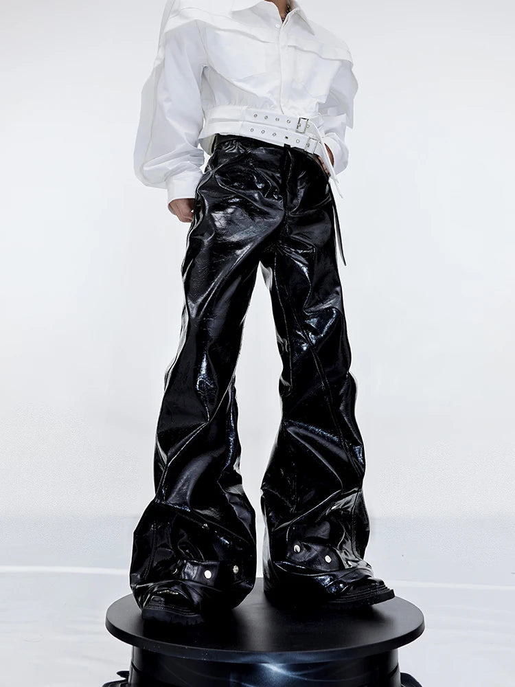 Mauroicardi Black Shiny Reflective Pu Leather Flare Pants