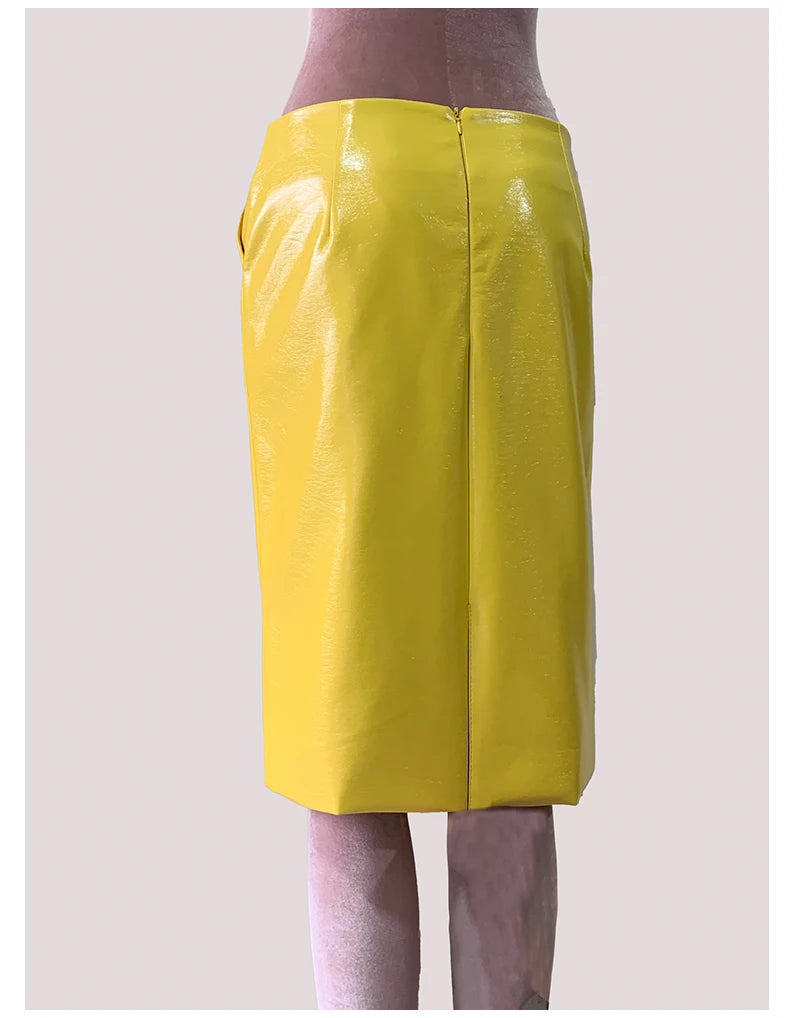 Mauroic  Shiny Reflective Bright Yellow Faux Leather Pencil Skirt
