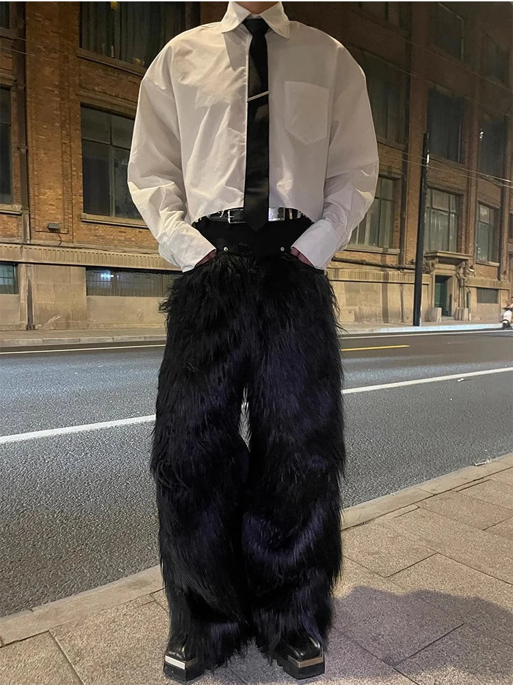 Mauroicardi Long Black  Shaggy Faux Fur Wide Leg Pants